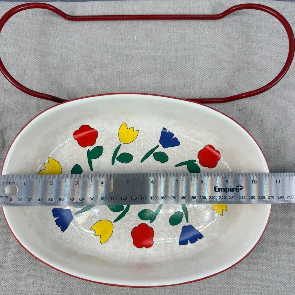 Vintage Tulip Pattern Baker‎ Set w/ Red & Yellow Wire Carriers MCM Pottery